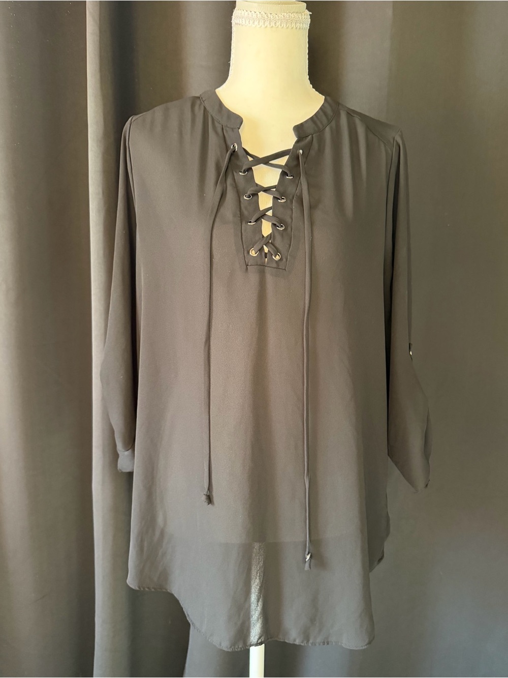 Decree Black Lace-Up V-Neck Tunic Top
